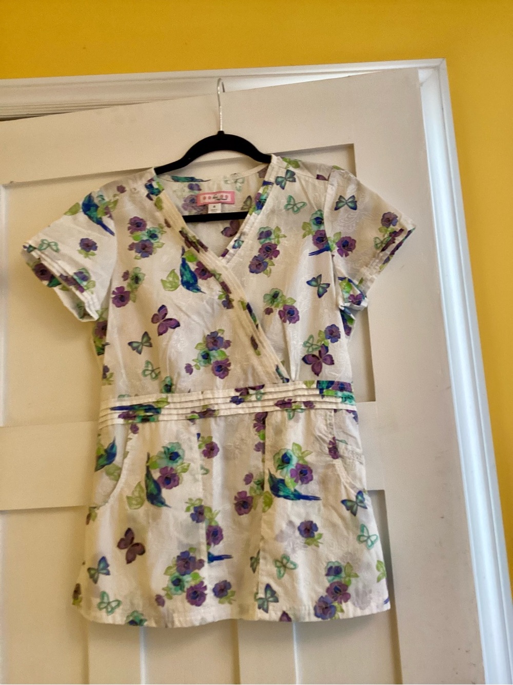 koi floral scrub top in purple, green, blue